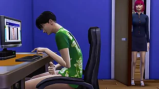 japanese mom catches her stepson masturbating in front of the computer and then helps him have sex with her for the first time